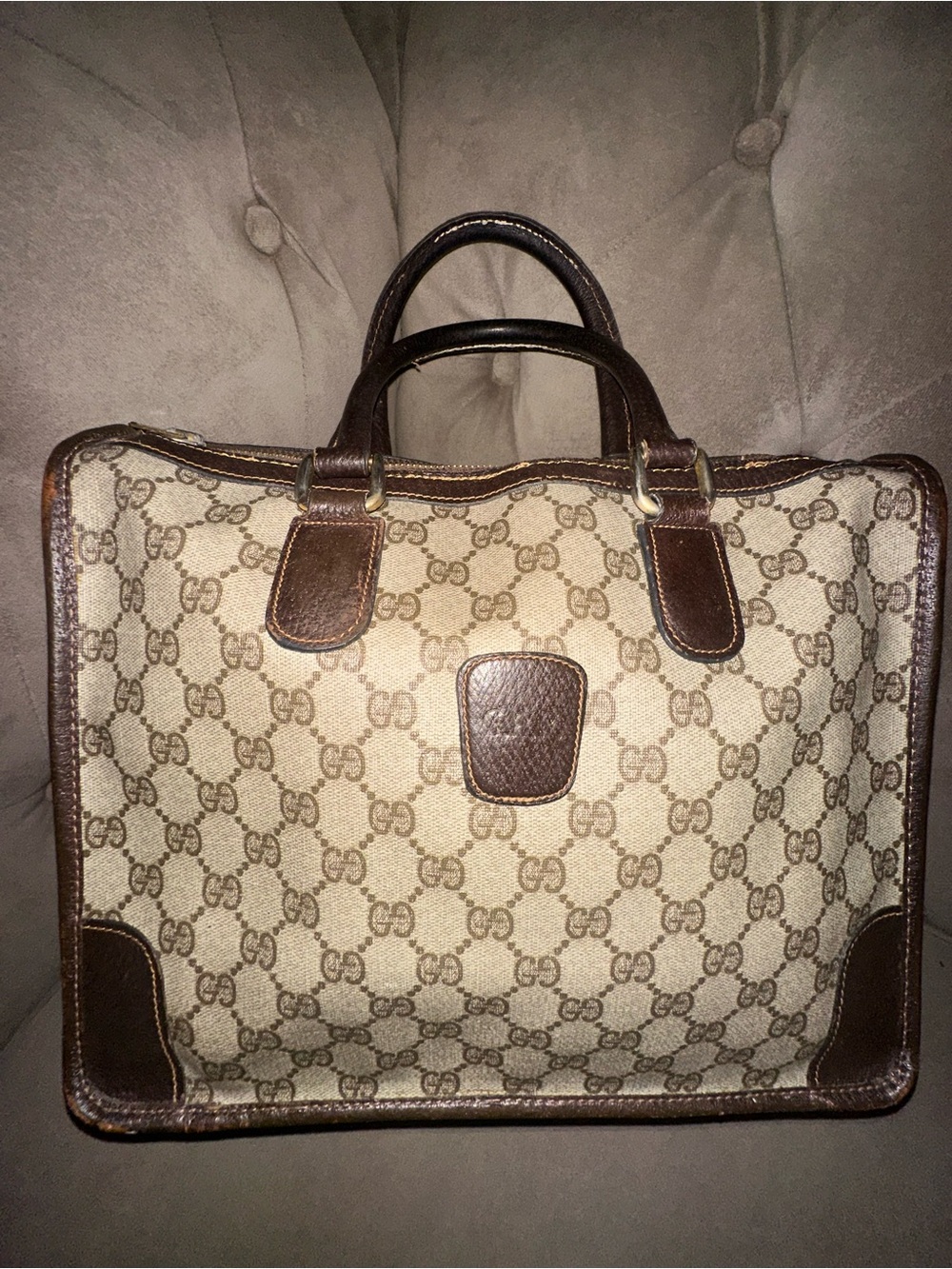 Gucci Beige GG Canvas Briefcase with Brown Leather Trim